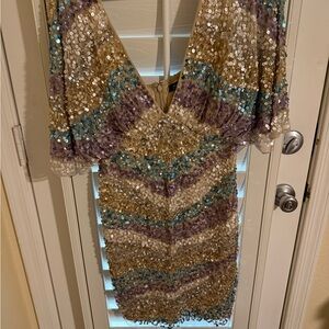 Aidan Mattox Gold Sequin Mini with Teal & Lavender Accents